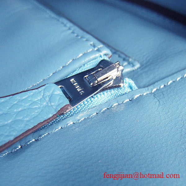 Hermes 35cm Embossed Veins Leather Bag Light Blue 6089 Silver Hardware